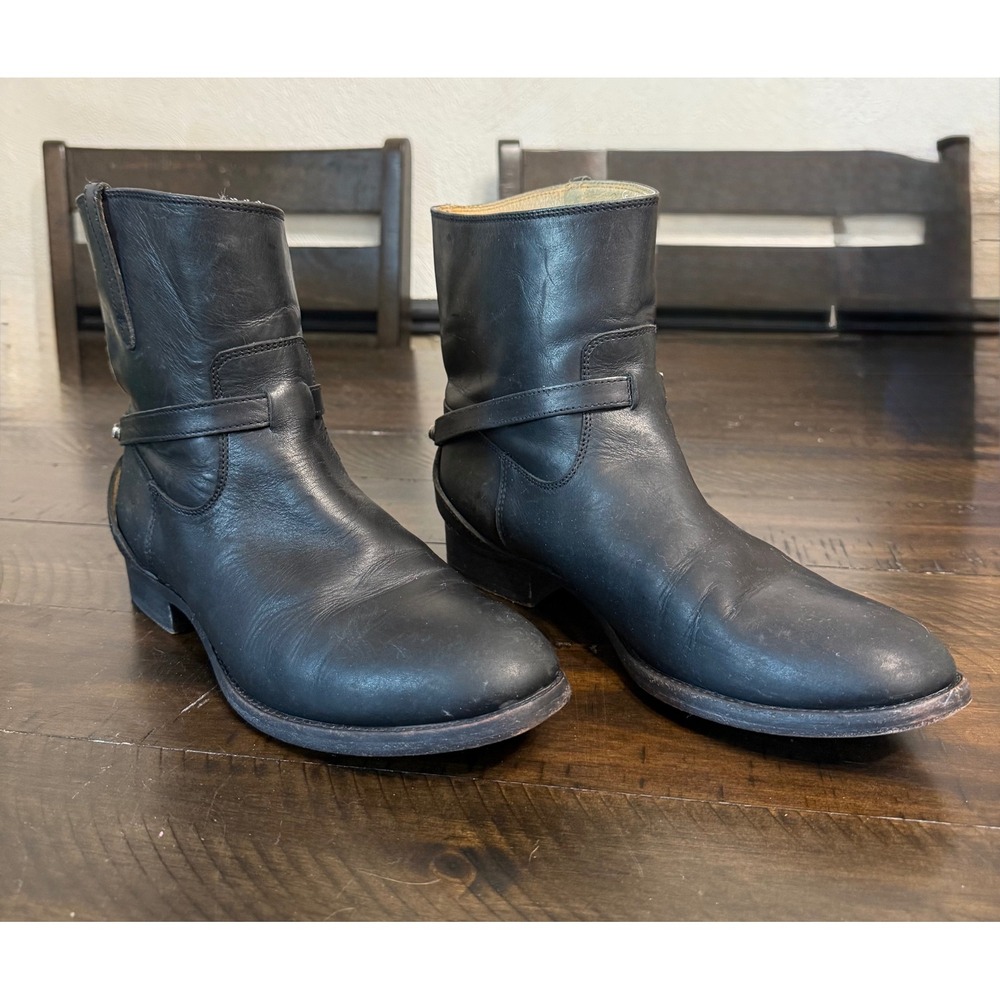 Frye Lindsay Plate Black Leather Ankle Boots Buckle Strap Women's Size 8.5